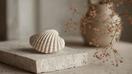 Close-up of a small white seashell on a concrete block. the seashell is in the center of the image, with its shell facing towards the left side of the frame.