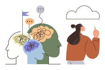 Heads with tangled thoughts, speech bubbles, a figure pointing at a cloud. Ideal for brainstorming, mental health, problem-solving, clarity, innovation teamwork personal growth. Simple flat