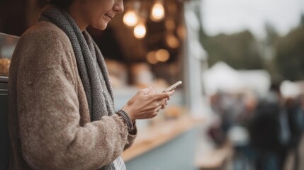Woman standing in front of a food stall, looking at her phone. she is wearing a beige sweater and a gray scarf around her neck.