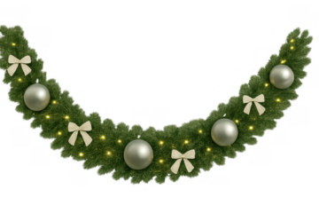Christmas garland arch with green fir branches, silver baubles, beige bows, and festive golden lights on transparent background