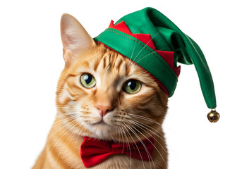 Cute Ginger Cat Wearing Green Elf Hat and Bow Tie - Adorable Christmas Pet Portrait for Festive Design, merry Christmas 