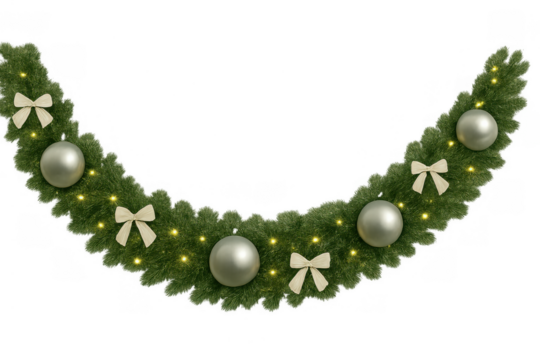 Christmas garland arch with green fir branches, silver baubles, beige bows, and festive golden lights on transparent background - Powered by Adobe
