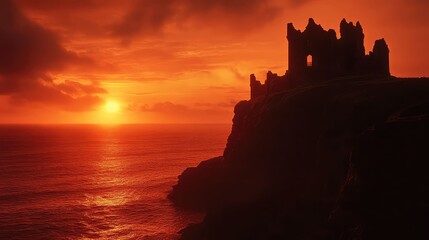 The ruins of a medieval castle on a clifftop in Ireland, silhouetted against a fiery sunset over the Atlantic ocean, dramatic, historic, and romantic.