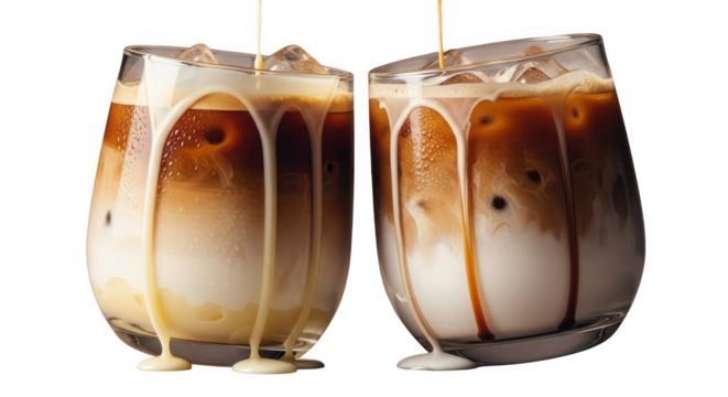 Iced coffee with milk and caramel drizzle isolated on transparent background a sweet and creamy beverage, perfect for a dessert or a refreshing treat, served in a glass - Powered by Adobe