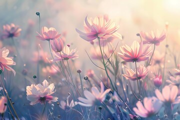 Fototapeta premium Beautiful pink cosmos flowers blooming in a field under soft sunlight, creating a dreamy and romantic atmosphere
