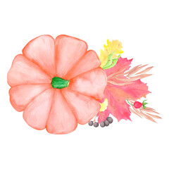 Hand drawn watercolor orange pumpkin berries and leaves composition. Illustration of ripe vegetable isolated on white background. Can be used for postcard, label and other printed products.