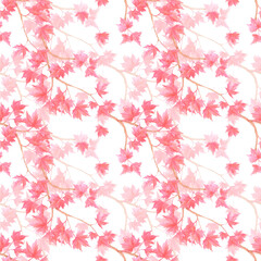 Hand drawn watercolor maple branch with red leaves seamless pattern. Illustration of tree isolated on white background. Can be used for textile fabric scrapbook and other printed products.