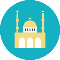 Islamic Mosque Building With Two Minarets And A Dome In The Center Set Inside A Teal Circle Against A Transparent Background