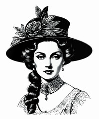 lady with hat vintage sketch portrait vector illustration