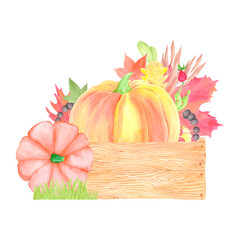 Hand drawn watercolor pumpkins berries and leaves in wooden box composition. Illustration isolated on white background. Can be used for postcard, label and other printed products.