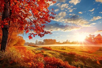 Obraz premium Scenic autumn landscape at sunrise with colorful foliage, fog, and sunbeams creating a magical atmosphere