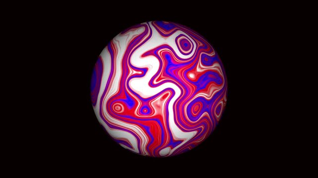 Rotating sphere with red, purple, and white fluid swirling organic waves.