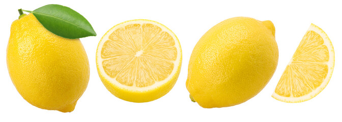  ripe lemon fruit with leaves, slice and half isolated, Fresh and Juicy Lemon, transparent PNG, PNG format