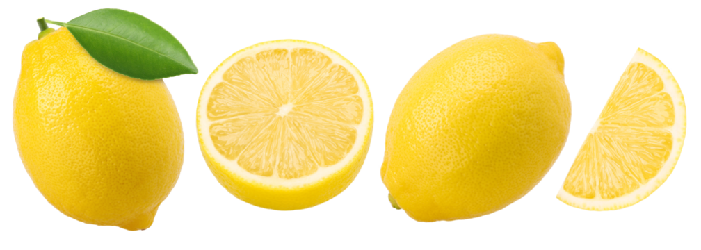  ripe lemon fruit with leaves, slice and half isolated, Fresh and Juicy Lemon, transparent PNG, PNG format