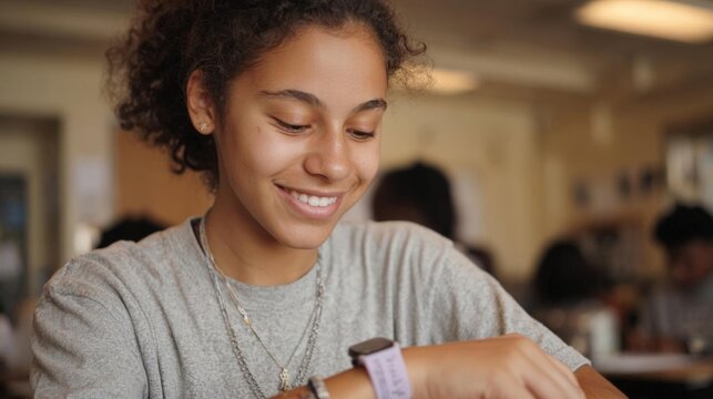 Young woman with curly hair, wearing a grey t-shirt, sitting at a table in a library or study area. she is looking down at her wristwatch with a smile on her face. - Powered by Adobe