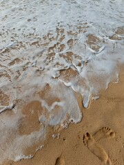 A serene tropical beach with soft sand, rocky formations, gentle blue waves, and a leaning tree by the shore. A natural coastal landscape perfect for themes of travel and nature.