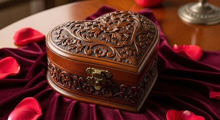 Heart-shaped wooden jewelry box on velvet fabric with rose petals  