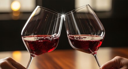 Clinking wine glasses filled with red wine on wooden table  