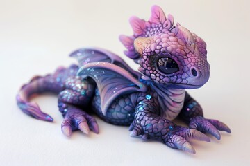 Fototapeta premium Studio shot of a small, handcrafted purple fantasy dragon figurine resting on a white surface