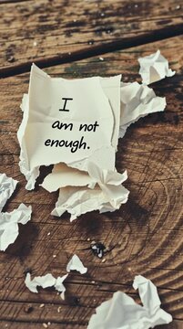 Fragmented Self-Doubt: A torn piece of paper, bearing the melancholic phrase I am not enough, lies scattered on a rustic wooden surface, expressing feelings of inadequacy and self-criticism.