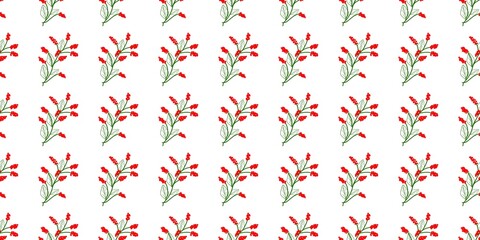A seamless floral pattern featuring red blossoms and green leaves on a white background, perfect for textiles, stationery, wallpapers, and elegant decorative designs