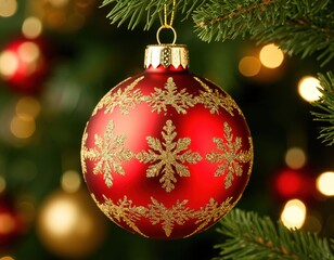 A red and gold ball hangs on the Christmas tree. New Year's card. Bokeh lights