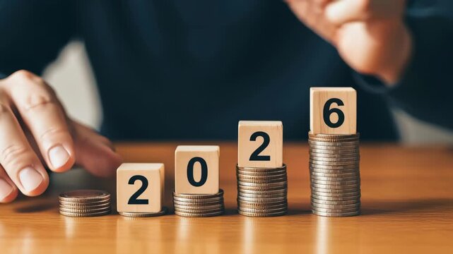 Growing low cost price gift budget christmas holiday new year saving concept with stacked coins and wooden blocks showing 2026 celebrating money savings stack finance investment and coin planning