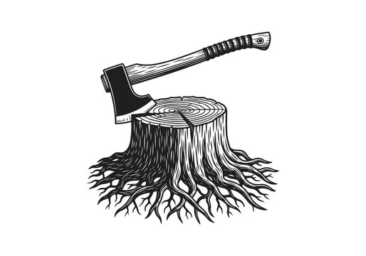Engraved axe stuck in a tree stump isolated on with roots exposed