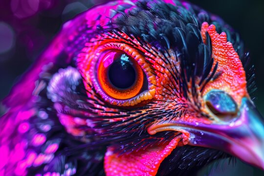 Vibrant neon colors illuminate a chicken's face in a close up portrait, showcasing the intricate details of its feathers and beak