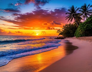 A tropical paradise beach with sunset sky