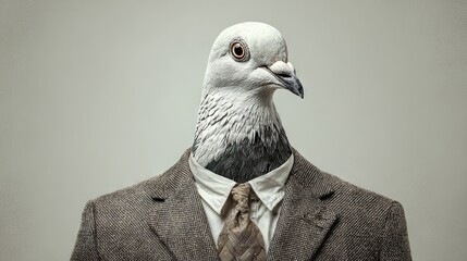 A man wearing a business suit with the head of a pigeon, creating a surreal and whimsical character
