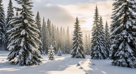 Naklejka premium Snow covered evergreen trees in winter forest landscape under sunlight