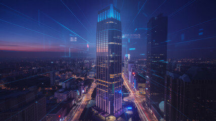 Futuristic city skyline at dusk with glowing digital network overlay.