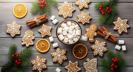 Festive arrangement of gingerbread cookies cinnamon sticks and holiday decorations