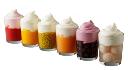 A row of six colorful dessert cups, each filled with a different flavor and topping, isolated on transparent background the cups are arranged in a line, creating a visually appealing display