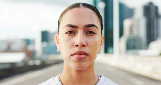 Confident, fitness and portrait of woman in city with determination for exercise, training and sports. Runner, athlete and serious person in urban town for challenge, wellness and health outdoor - Powered by Adobe