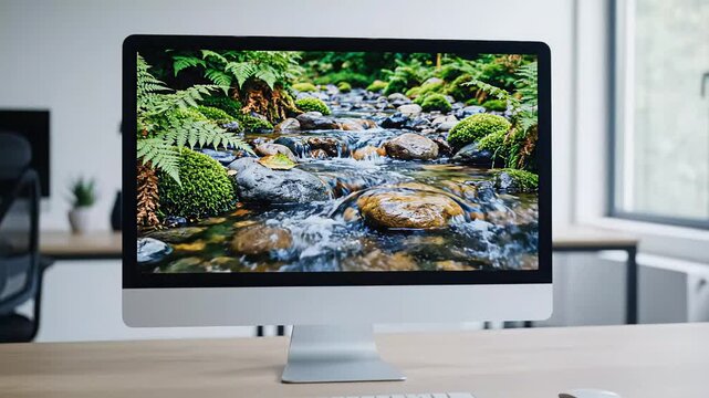 Computer monitor displaying serene river landscape with greenery  