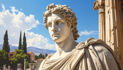 A classic marble bust of a noble figure. The statue gazes thoughtfully beneath a brilliant, azure sky. Columns flank the figure