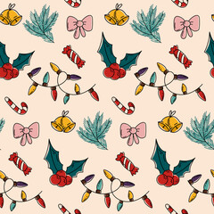 Christmas seamless pattern with festive elements. Pattern featuring berries, bows, pine branches, lights, candy, and bells perfect for wrapping paper, textiles, and festive vector designs.