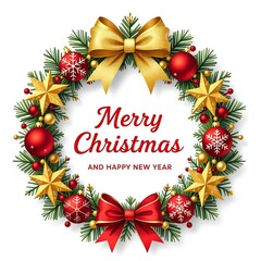 Festive Christmas Wreath Illustration with Red Text – Merry Christmas & Happy New Year