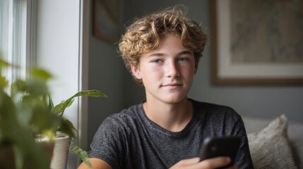Portrait of a young boy sitting on a couch. he is holding a black smartphone in his hands and is looking directly at the camera with a slight smile on his face.