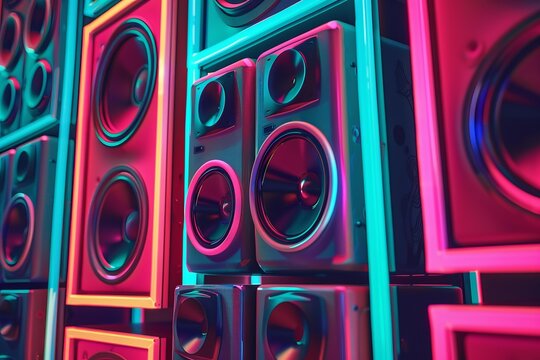 Many loudspeakers with neon lights are playing music in a nightclub