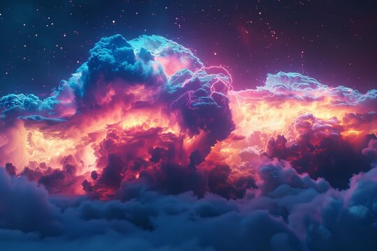 Fototapeta Vivid lightning illuminates colorful clouds in a dramatic night sky, creating a breathtaking spectacle of nature's power