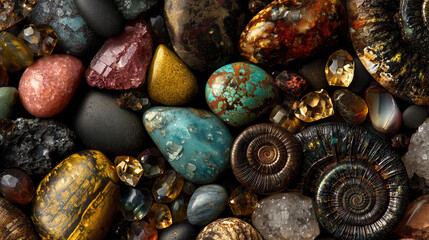 fine quality rare and collectible realistic gems minerals and variety of fossils including trilobites arranged in random overlapping composition with no gaps creating a dense collection