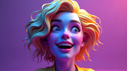 Obraz premium A joyful young woman with curly blonde hair and vibrant makeup, illuminated with colorful lights.