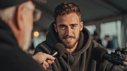 Focused Interview: A close-up shot of a man engaged in an interview, with microphones capturing his words, showcasing the essence of communication and conversation. 