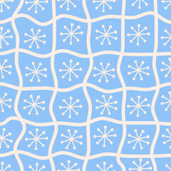Seamless pattern of curved checkered lines and snowflakes on a blue background. White and blue colors. Twisted checkered wavy texture. Vector illustration