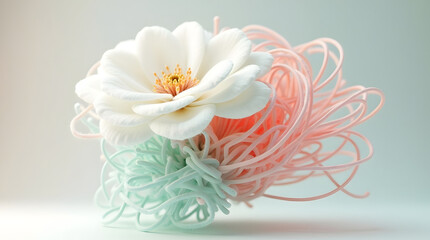 Obraz premium A delicate white flower entwined with pastel pink and mint green threads, creating a whimsical and artistic centerpiece.