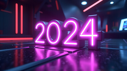A futuristic neon sign displaying the year 2024, glowing vibrantly in a dark, high-tech environment.