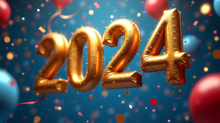 Golden 2024 balloons surrounded by colorful confetti and festive decorations, celebrating the New Year with joy and excitement.